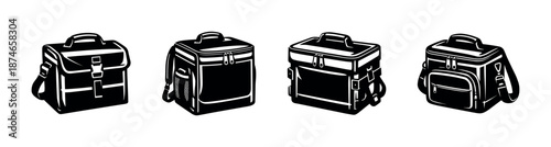 Backpack vector icons set: travel bag symbols, hiking, camping, outdoor gear