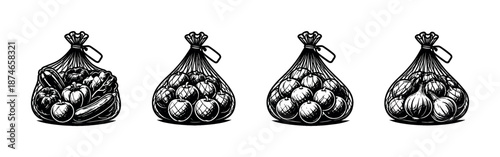 Grocery bag vector icons set with fresh vegetables, fruits, and organic foods