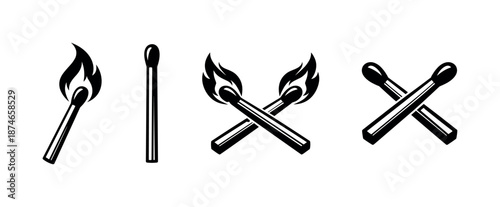 Matchsticks vector icons set with flames and crossed elements in black silhouette style