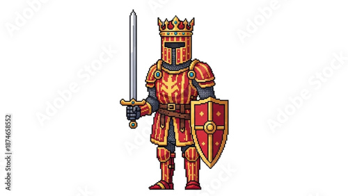 A colorful cartoon knight in shining armor holding a sword and shield