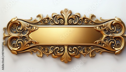 ornate golden nameplate with decorative flourishes isolated on a white background