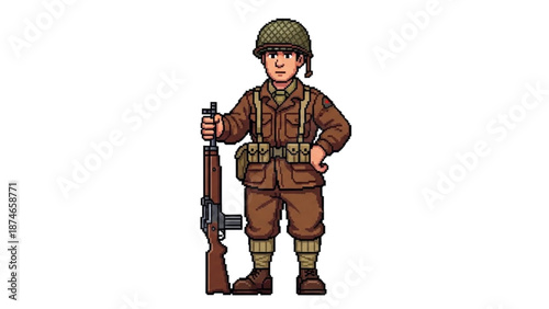 A cartoon illustration of a soldier in uniform holding a rifle with a confident expression