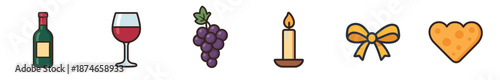 Set of six romantic dinner icons including a wine bottle, glass, grapes, candle, bow, and cheese heart in a charming flat cartoon illustration style with bold outlines