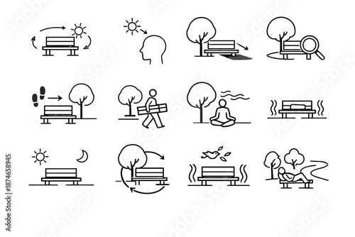 Shade urban habit park continuous vector icon comfort bench step calm timing
