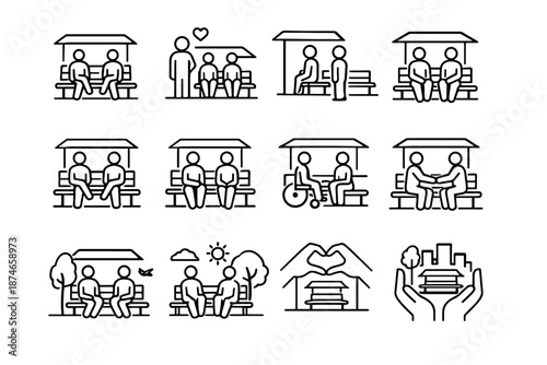 Calm fairly vector social icon park care logic shared bench shaded urban