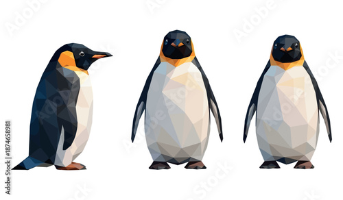 Low poly penguins trio geometric design with white background