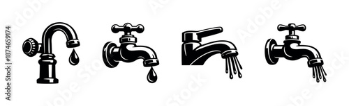 Water tap vector icons set with dripping faucets and plumbing symbols
