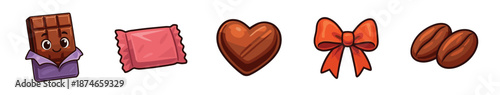 Charming set of cartoon chocolate icons including a character bar, wrapped candy, heart, bow, and coffee beans for sweet-themed holiday or celebration designs