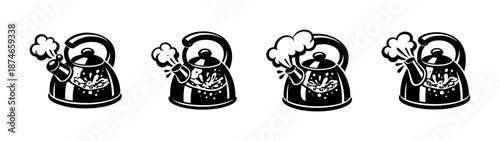 Kettle vectors set: boiling water icons with steam for kitchen designs