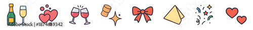 Collection of colorful celebration icons including a champagne bottle, clinking wine glasses, red hearts, a gift bow, and confetti, illustrated in a simple flat line art style