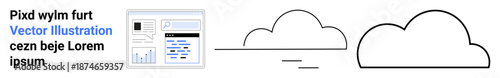Digital technology, cloud computing, data sharing, online services, innovation, connection. A digital interface next to minimalist cloud shapes. Cloud computing and digital technology concept