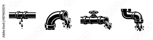 Plumbing elements vector icons set: leaking pipes, water flow, repair tools