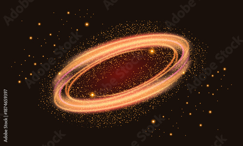 Glowing golden energy ring with sparkling particles and light trails on dark background, abstract luminous vortex circle for magic effects, cosmic motion design and futuristic vector illustration