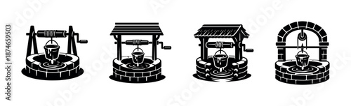 Well and bucket vector icons set, vintage water well symbols, antique design
