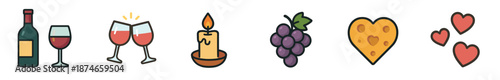 Set of romantic date night icons featuring a wine bottle, clinking glasses, a lit candle, grapes, heart-shaped cheese, and love hearts in a cute cartoon illustration style