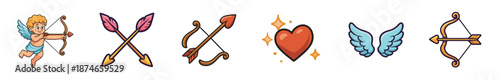 Set of six cute cartoon icons for Valentine's Day featuring a flying Cupid with a bow, crossed arrows, a sparkling heart, and angel wings