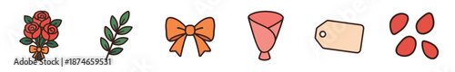 Set of flower bouquet arrangement icons including roses, a bow, a gift tag, and petals in a cute cartoon doodle style for romantic celebrations