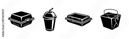 Fast food vector icons set: takeout containers, drink, and food box symbols