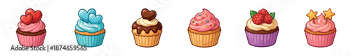 Collection of six cute cartoon cupcakes with assorted frosting and decorative toppings like hearts, stars, sprinkles, and raspberries, shown in a vibrant illustrated style