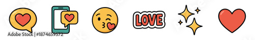 Collection of six cute love-themed vector icons showing a heart, kissing face emoji, phone message, and sparkles for online dating and romantic communication