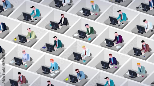 Business style cartoon office employees in cubicles static. Different characters animated workers in a big office. They are working all day with no break. Seamles loop of busy society.