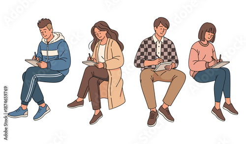 Diverse young adults writing and sitting on invisible platform