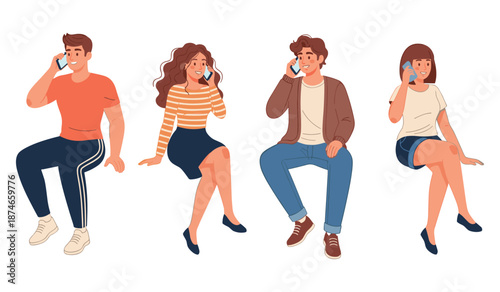 Diverse group of young adults chatting on phones