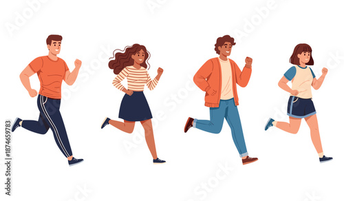Group of diverse young adults running and exercising together