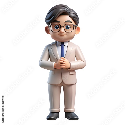 A smiling 3d cartoon character with glasses appearing as a friendly illustration of a professional business person