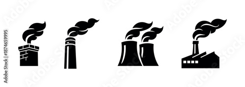 Industrial facilities vector icons set. factory, chimney, power plant silhouettes.
