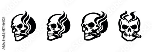 Smoking skulls vector icons set. skull symbols with cigar, flames, tattoo design.