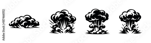 Explosion vector icons set with mushroom cloud, blast, smoke and comic boom