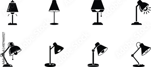 Eight different black silhouettes of adjustable desk lamps on white background