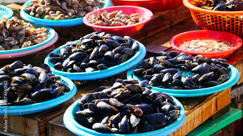 어시장에 진열된 홍합