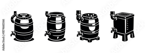 Barrel vector icons set for home brewing and fermentation, vintage container symbols