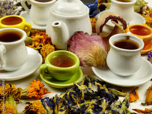 Porcelain cups and a teapot on a white table among various dried plants. Ingredients for making herbal and flower tea, side view.