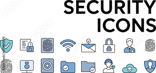 Security, icons, vector, illustration, sketch, outline, shield, lock, fingerprint, biometric, cloud, Wi-Fi, camera, folder, email, user, profile, protection, privacy, system, secure