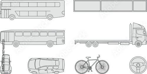 Vehicles, icons, vector, illustration, sketch, outline, bus, car, truck, bicycle, billboard, steering, wheel, transport, travel, mobility, top, side, view, black, white