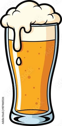 Delicious frothy beer in a tall glass overflowing