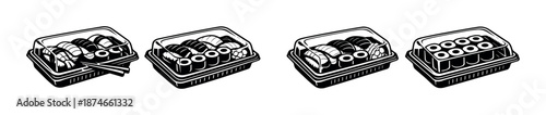 Sushi takeaway vector icons set. japanese food symbols. bento, rolls, chopsticks