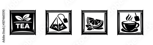 Tea vector icons set: teabag, tea leaves, and cup designs in black and white