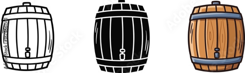 Collection of wooden barrel illustrations featuring outline, silhouette, and colored designs with tap