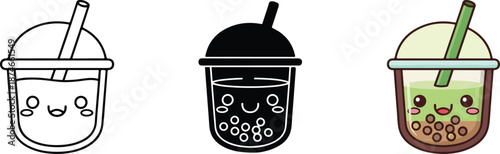 Cute boba tea drink icon set showing various styles including outline, solid, and colored versions