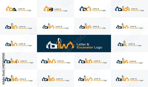 Excavator and Building with Alphabet Letter Logo. Heavy Equipment and Construction Company Logo Collection.
