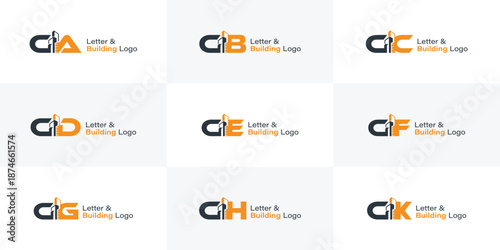 Excavator and Building with Alphabet Letter Logo. Heavy Equipment and Construction Company Logo Collection. ca, cb, cc, ce, cg, ch, ck, cf letters logos.
