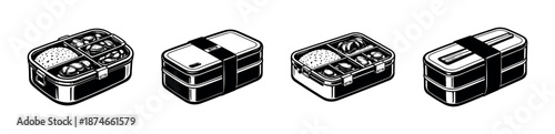 Bento lunch box vector icons set: monochrome food container illustrations