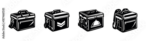 Backpack and delivery bags vector icons set with food, insulated, and thermal bags.