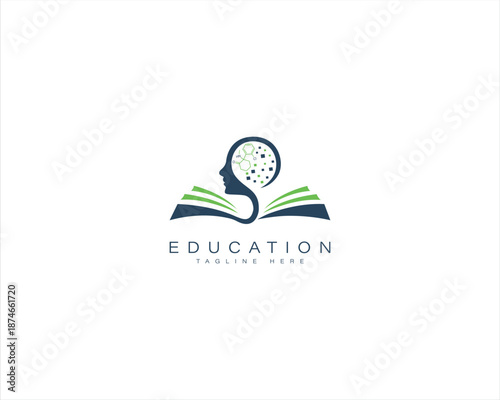 Open book with human head and molecule logo. Chemistry science, molecular structure, chemical laboratory, scientific research and education logo.
