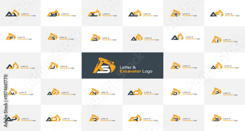 Excavator and Building with Alphabet Letter Logo set. Heavy Equipment and Construction Company Logo Collection.
