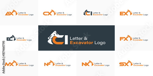 Excavator with letters logos Collection. Alphabet letters with Heavy equipment excavator and Backhoe logo set.